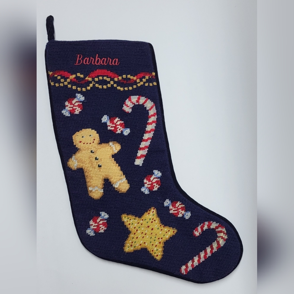 VTG LANDS END Wool Needlepoint Christmas Stocking Gingerbread Man Candy Canes